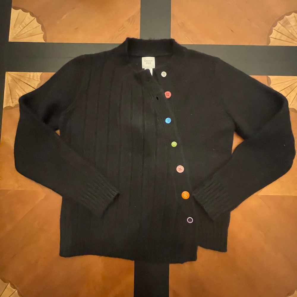 Garnet Hill Black Asymmetrical Cardigan with Multi Colored Buttons